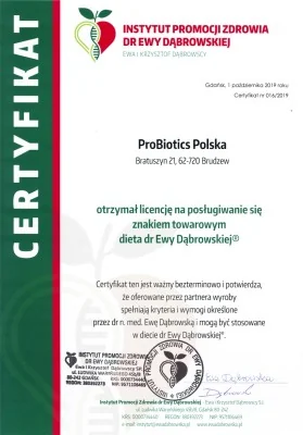 Certyfikat Instytutu Promocji Zdrowia Dr Ewy Dąbrowskiej